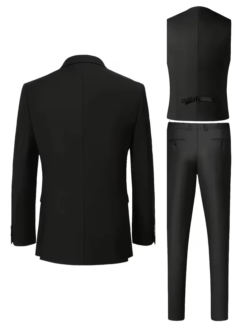 Three Piece Suit Set Men Woven Fabric Slim Fit Notch Lapel Two Button Waistcoat Formal