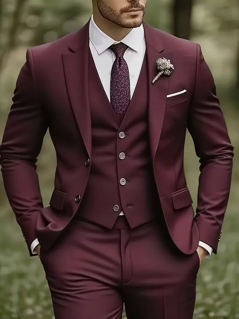 Three Piece Suit Set Men Woven Fabric Slim Fit Notch Lapel Two Button Waistcoat Formal