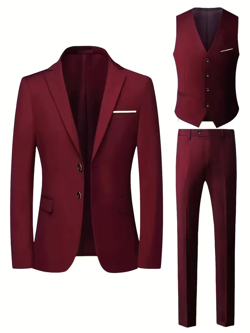 Three Piece Suit Set Men Woven Fabric Slim Fit Notch Lapel Two Button Waistcoat Formal