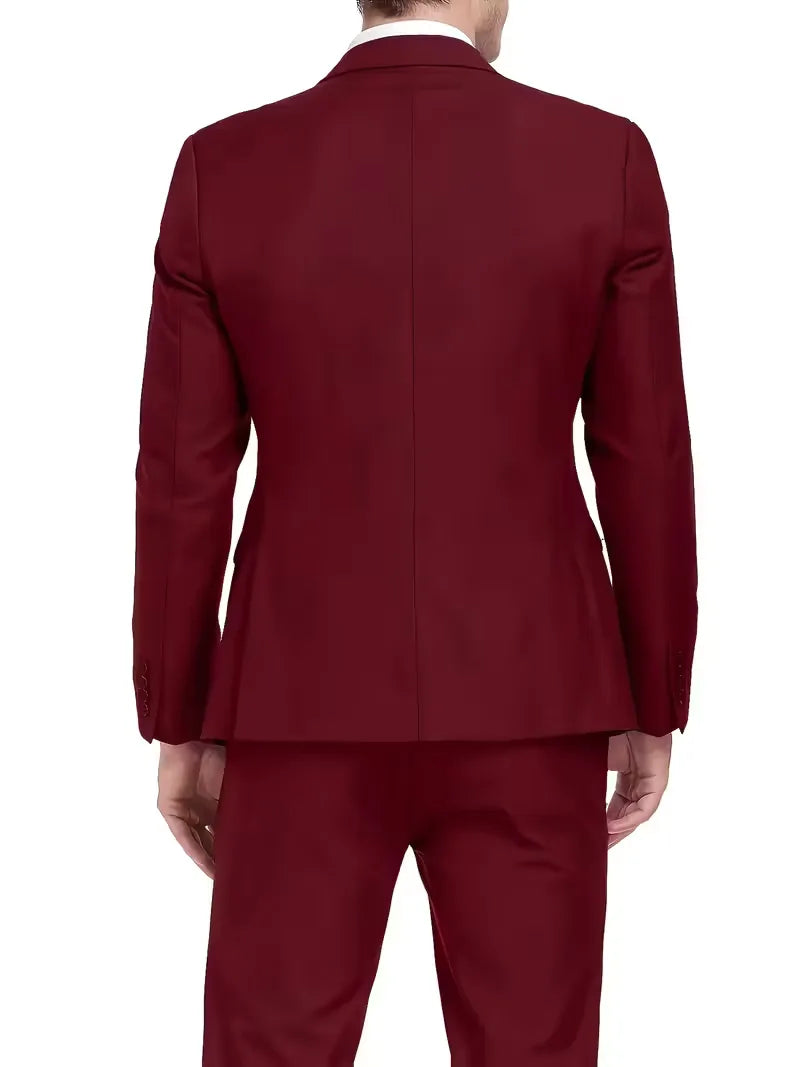 Three Piece Suit Set Men Woven Fabric Slim Fit Notch Lapel Two Button Waistcoat Formal
