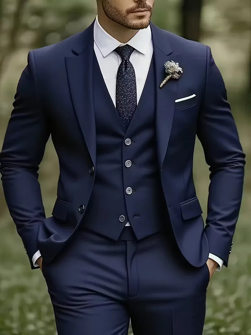 Three Piece Suit Set Men Woven Fabric Slim Fit Notch Lapel Two Button Waistcoat Formal