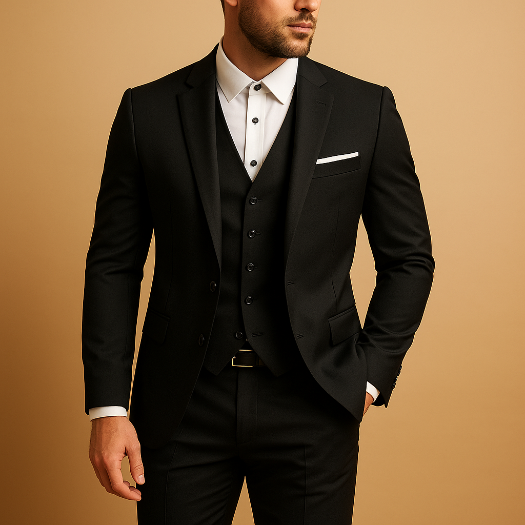 Three Piece Slim Fit Suit Set Men Woven Fabric Tailored Waistcoat Formal Smart