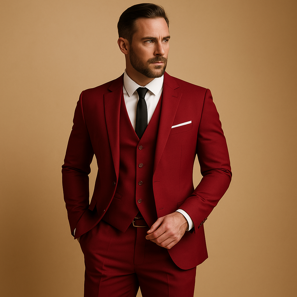 Three Piece Slim Fit Suit Set Men Woven Fabric Tailored Waistcoat Formal Smart