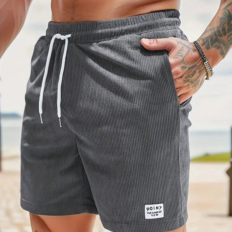 Shorts à cordon côtelés pour hommes en mélange de coton, coupe décontractée, mi-cuisse, poche avant, décontracté
