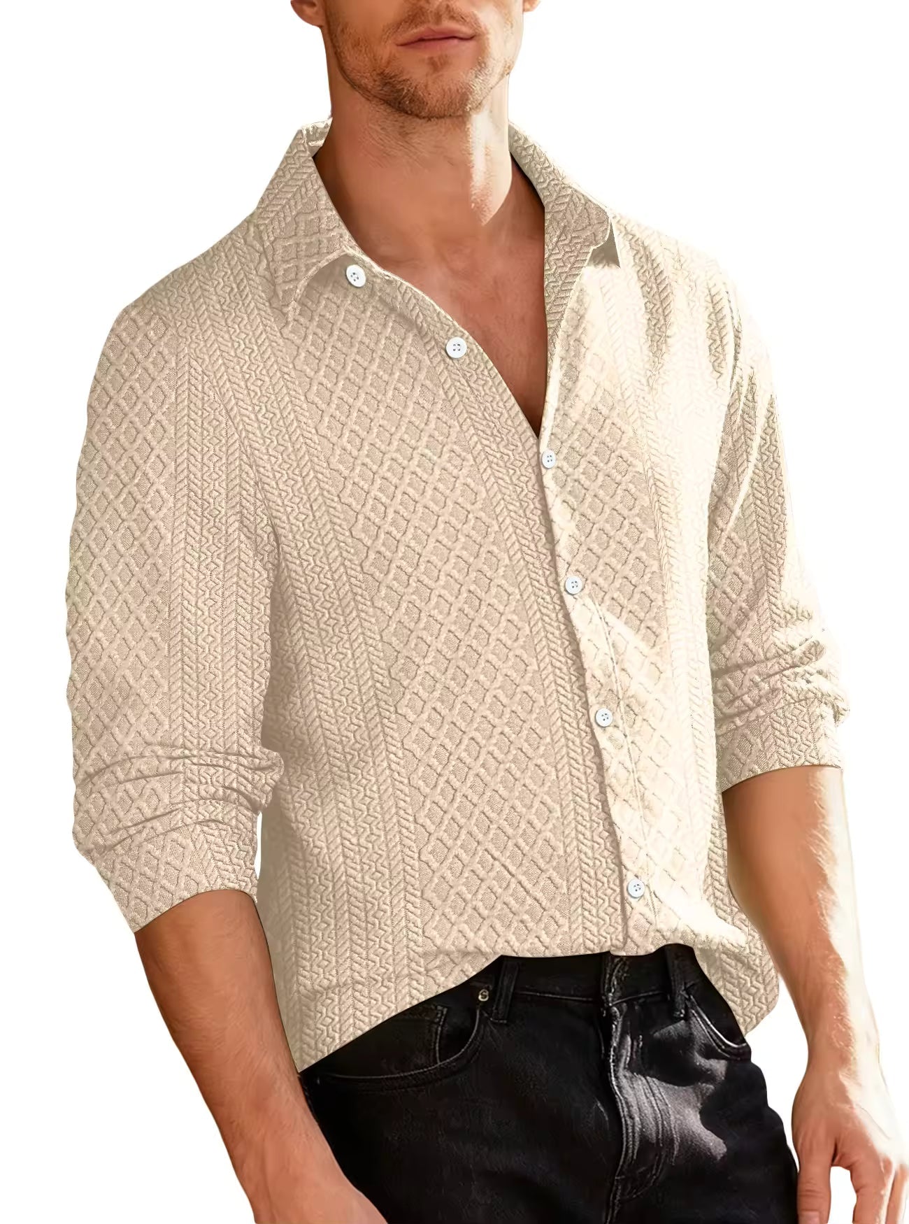 Men's Textured Knit Shirt Turn-Down Collar Button-Up Long Sleeve Casual Top