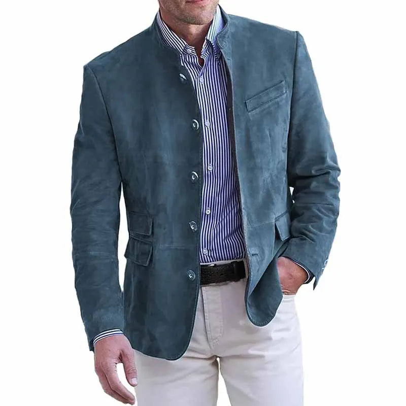 Men's Stand Collar Suede-Look Blazer Single Breasted Slim Fit Solid Color Jacket