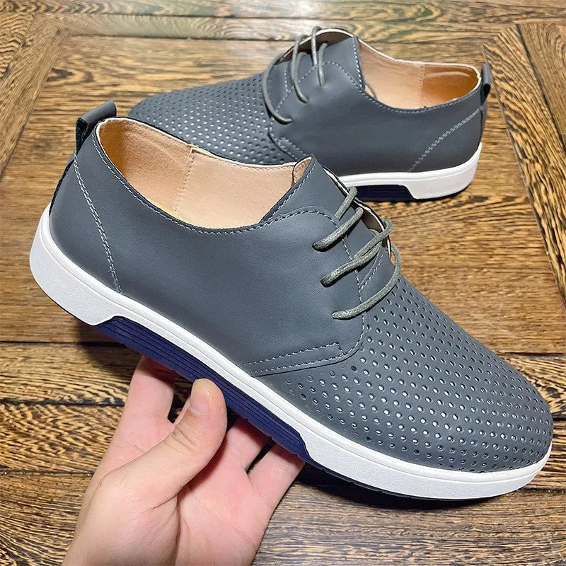 Men's Perforated Leather-Look Lace-Up Shoes Round Toe Business Casual Sneakers