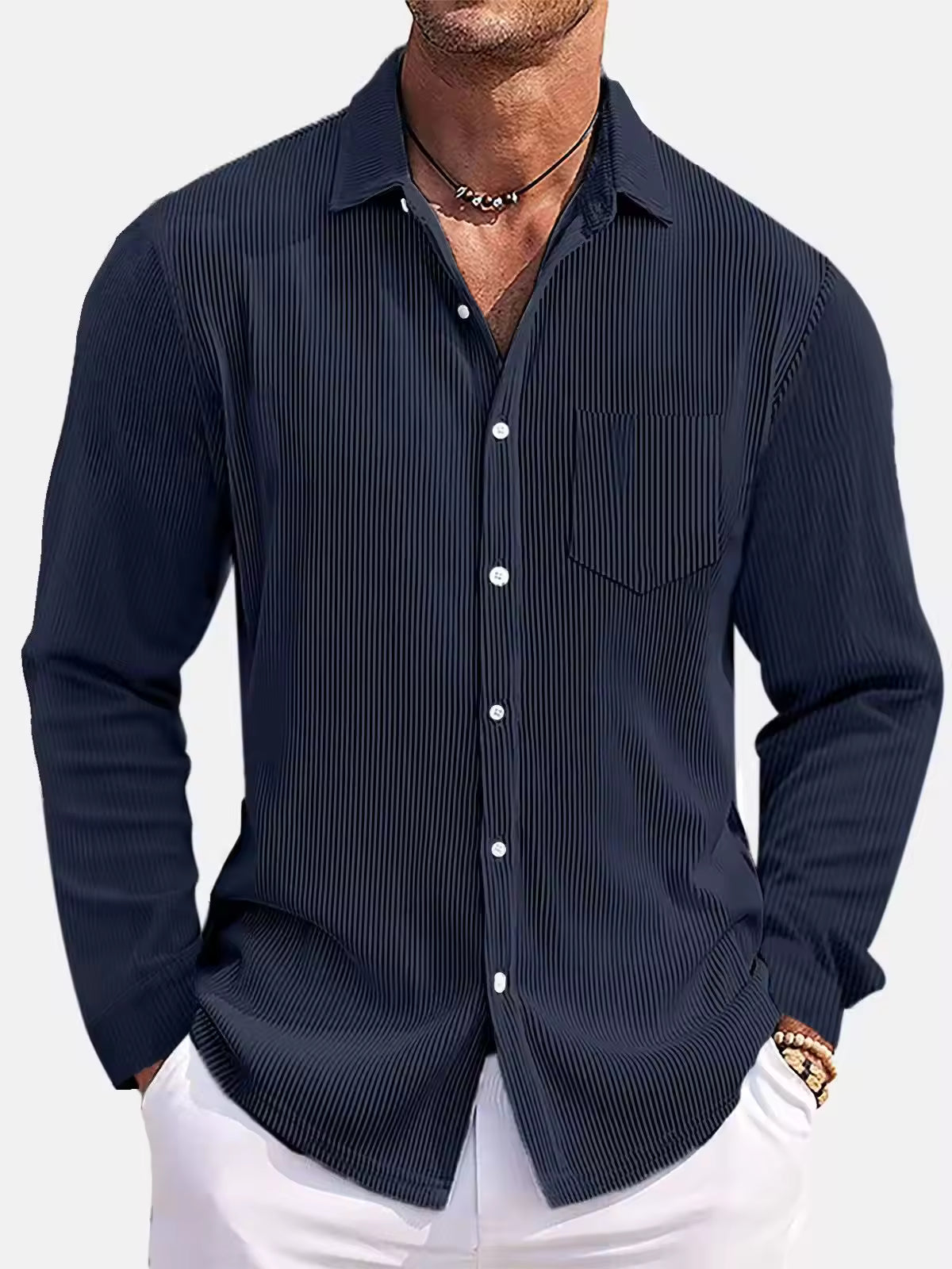 Men's Ribbed Textured Button-Up Shirt Turn-Down Collar Chest Pocket Long Sleeve Top