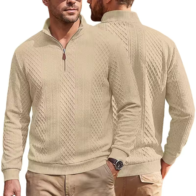 Men's Half Zip Textured Sweater Argyle Jacquard Long Sleeve Casual Pullover