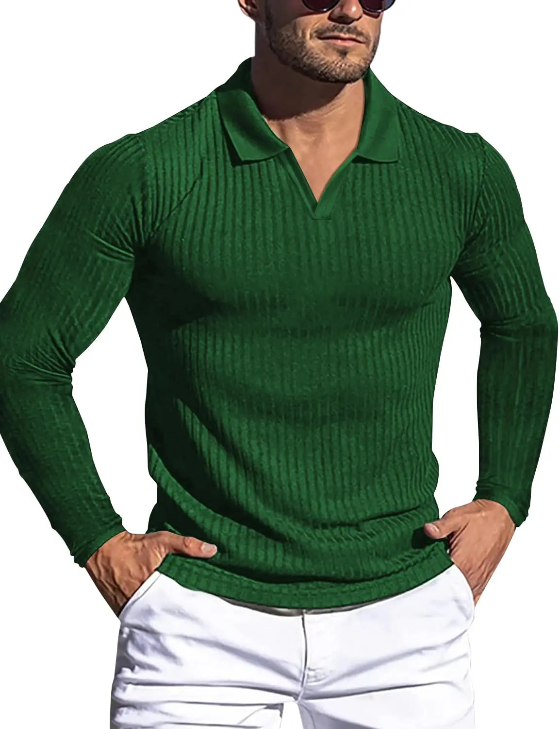 Men's V-Neck Ribbed Knit Polo Shirt Long Sleeve Slim Fit Business Casual Top