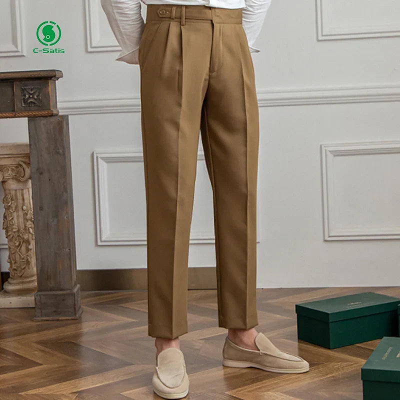 Men's Pleated Straight Leg Cropped Trousers Mid Waist British Style Casual Pants