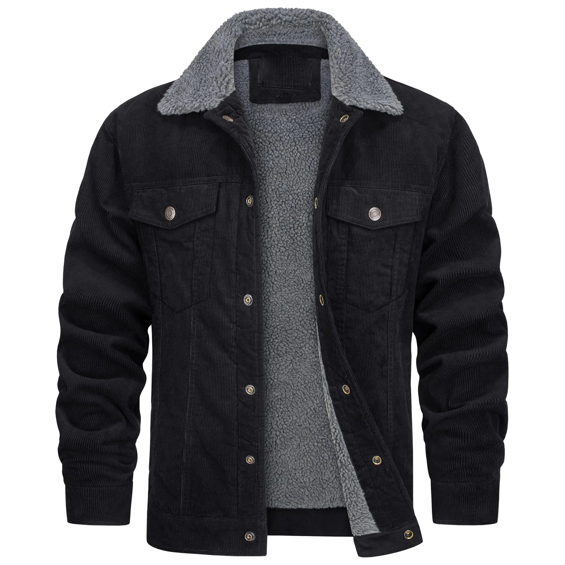 Men's Corduroy Sherpa-Lined Trucker Jacket Fur Collar Long Sleeve Button-Up Coat