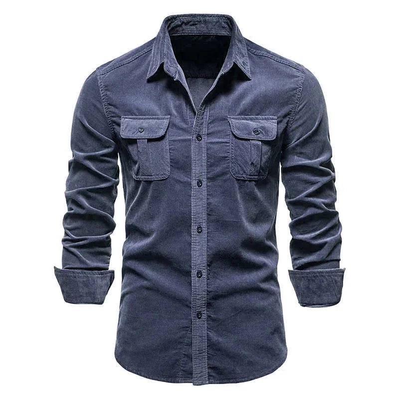 Men's Corduroy Button-Up Polo Jacket Long Sleeve Flap Pocket Slim Fit Casual Top