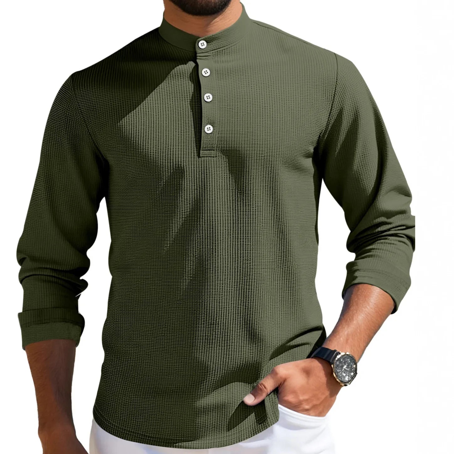 Men's Waffle Knit Henley Shirt Stand Collar Button Placket Long Sleeve Loose Fit Top