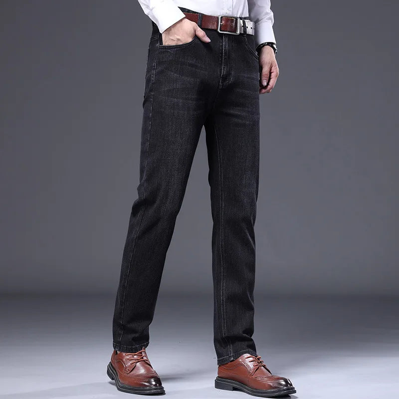 Men's High Waisted Straight Leg Jeans Medium Wash Business Casual Denim Pants