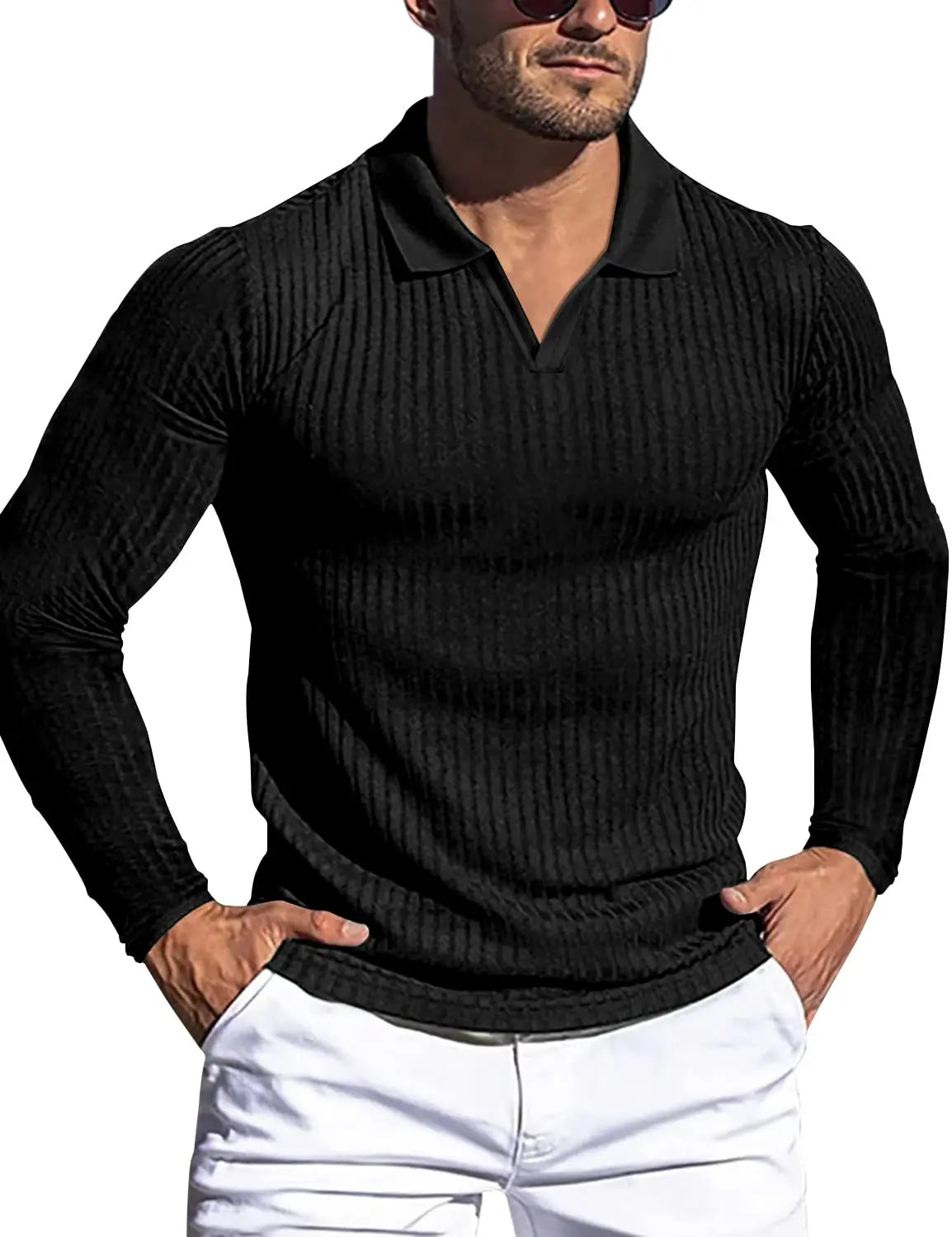 Men's V-Neck Ribbed Knit Polo Shirt Long Sleeve Slim Fit Business Casual Top