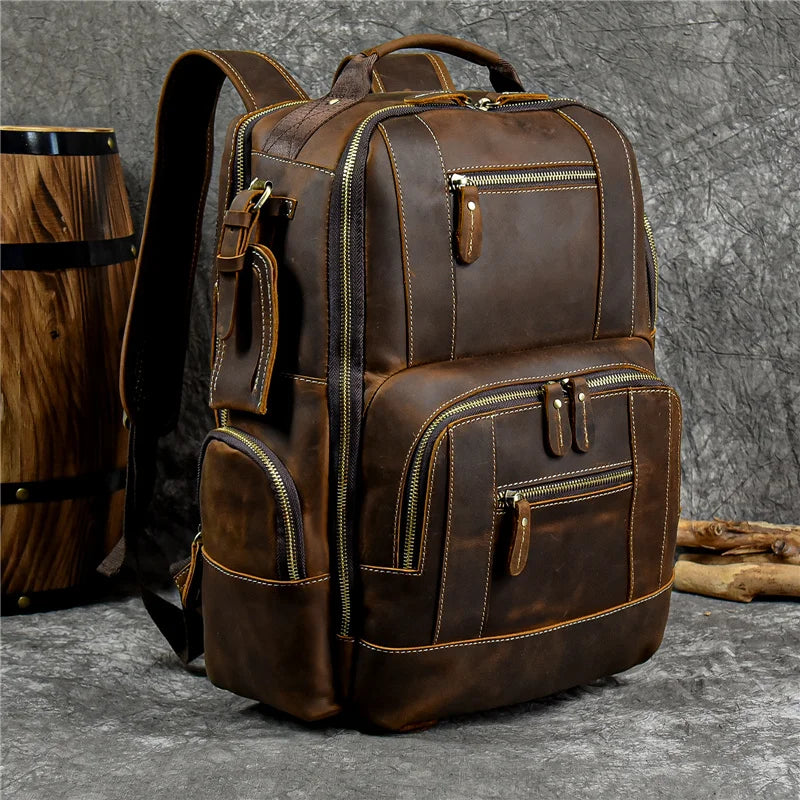 Men's Vintage Leather-Look Backpack Laptop Compartment Multiple Pockets
