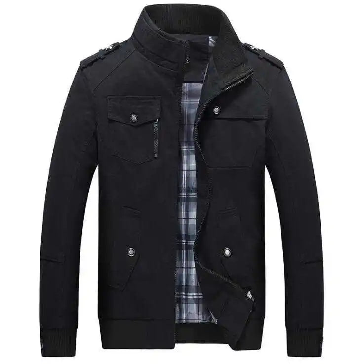 Men's Military Style Cotton Jacket Multi Pocket Zip-Up Stand Collar Casual Coat