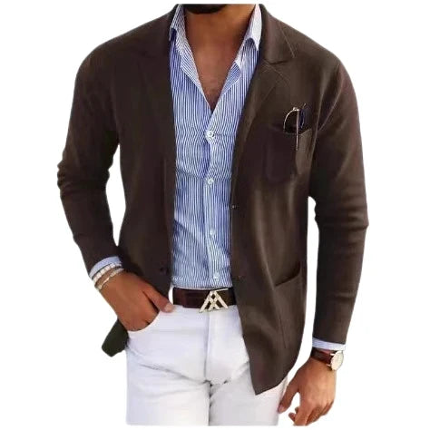 Men's Knit Cardigan Blazer Notch Lapel Slim Fit Chest Pocket Open Front Sweater Jacket