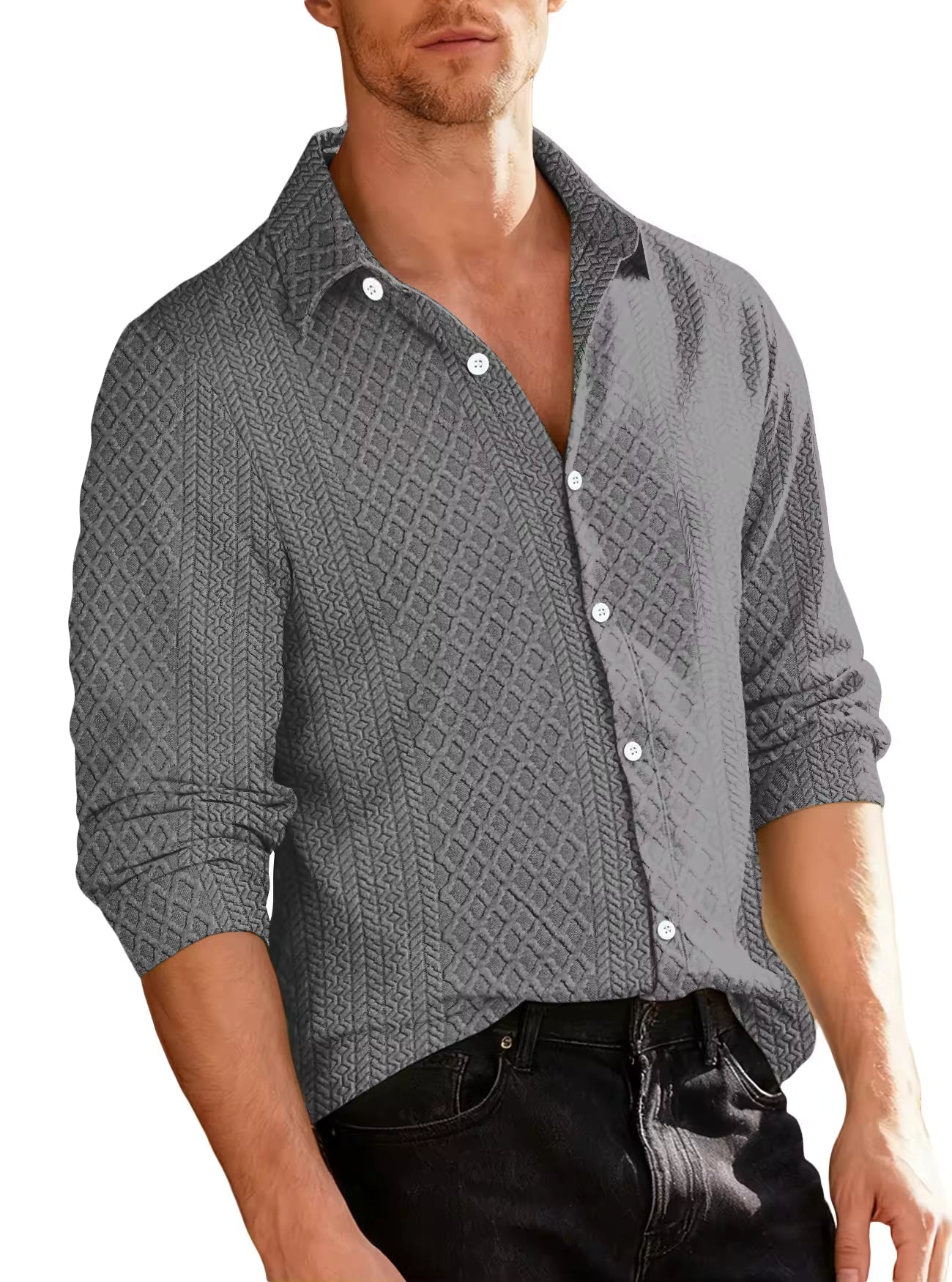 Men's Textured Knit Shirt Turn-Down Collar Button-Up Long Sleeve Casual Top