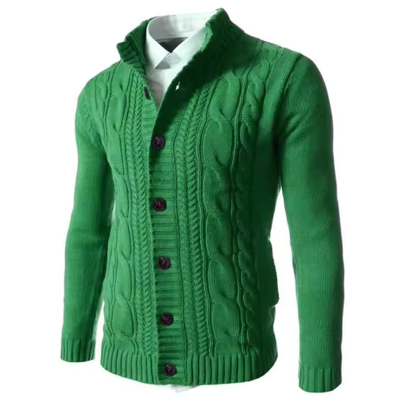 Men's Cable Knit Cardigan Mandarin Collar Button-Up Slim Fit Sweater Coat