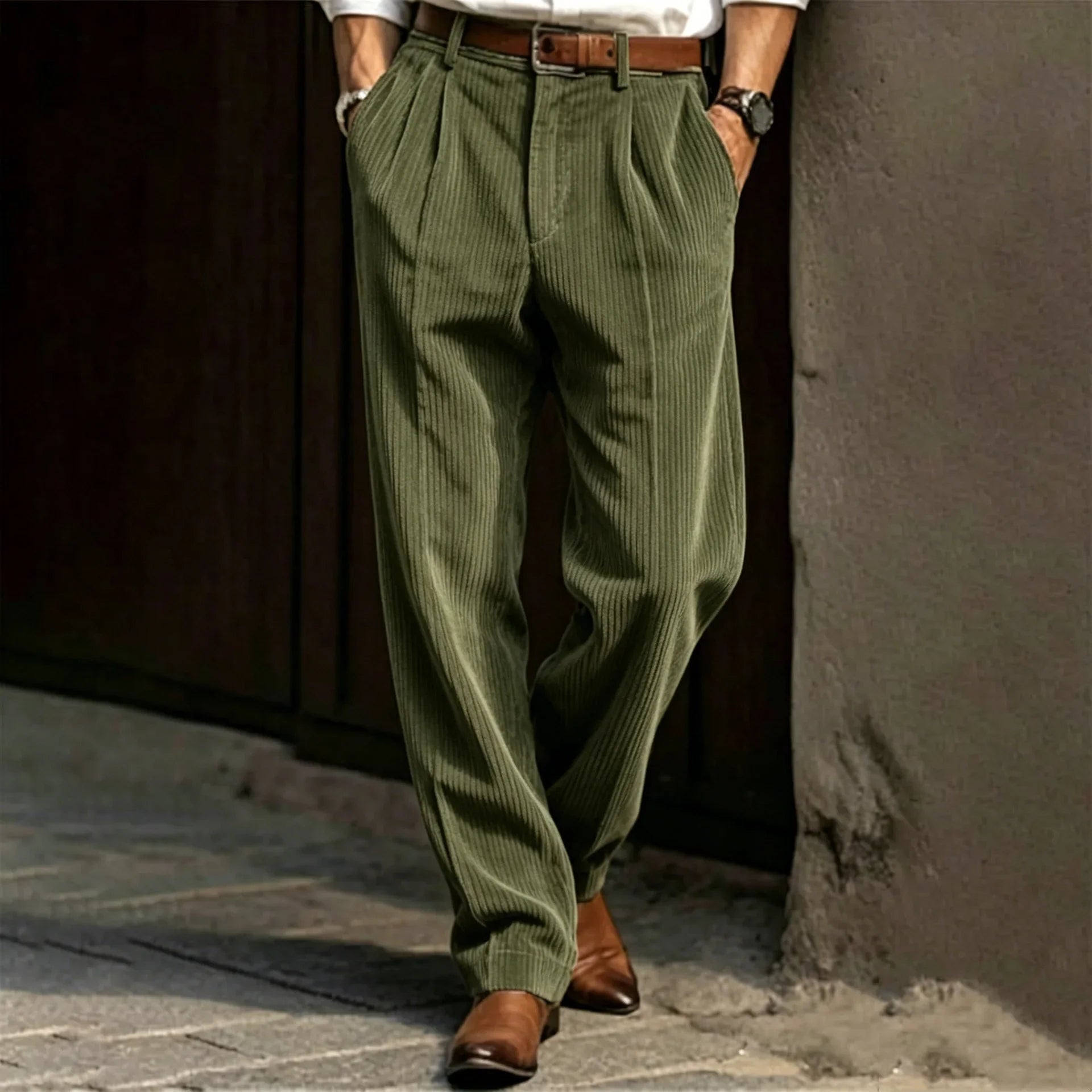 Men's Corduroy Pleated Straight Leg Pants Mid Waist Loose Fit Business Casual Trousers