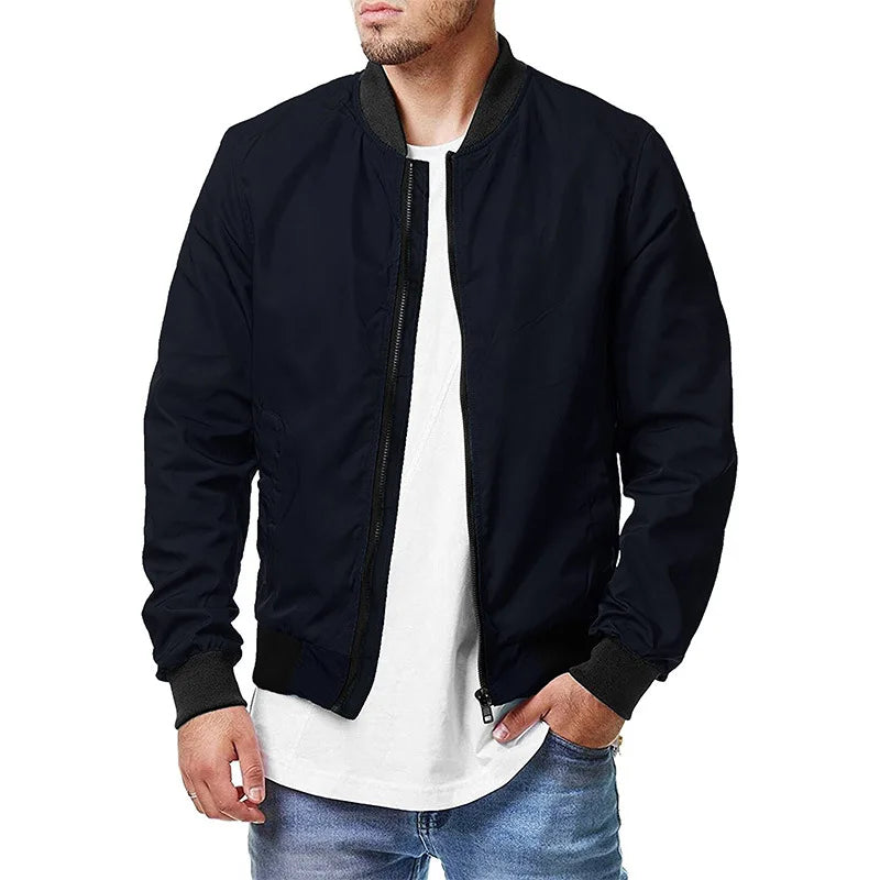 Men's Lightweight Bomber Jacket Stand Collar Zip-Up Baseball Style Casual Coat