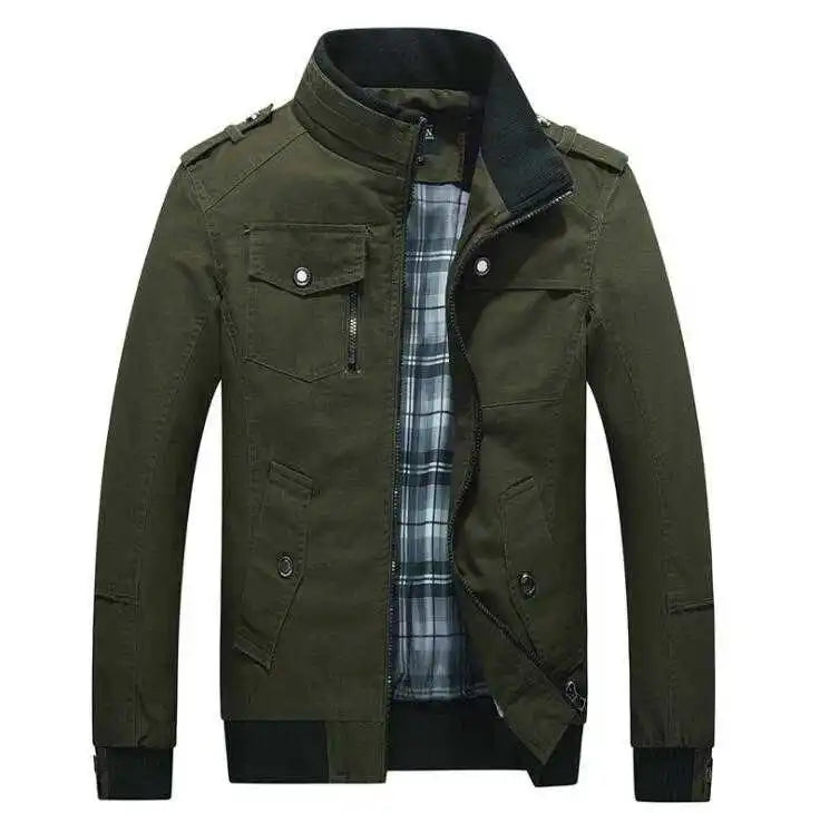 Men's Military Style Cotton Jacket Multi Pocket Zip-Up Stand Collar Casual Coat