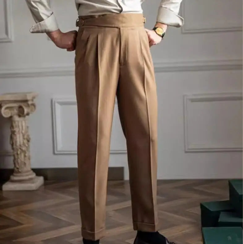 Men's High Waisted Pleated Straight Leg Dress Pants British Style Formal Trousers