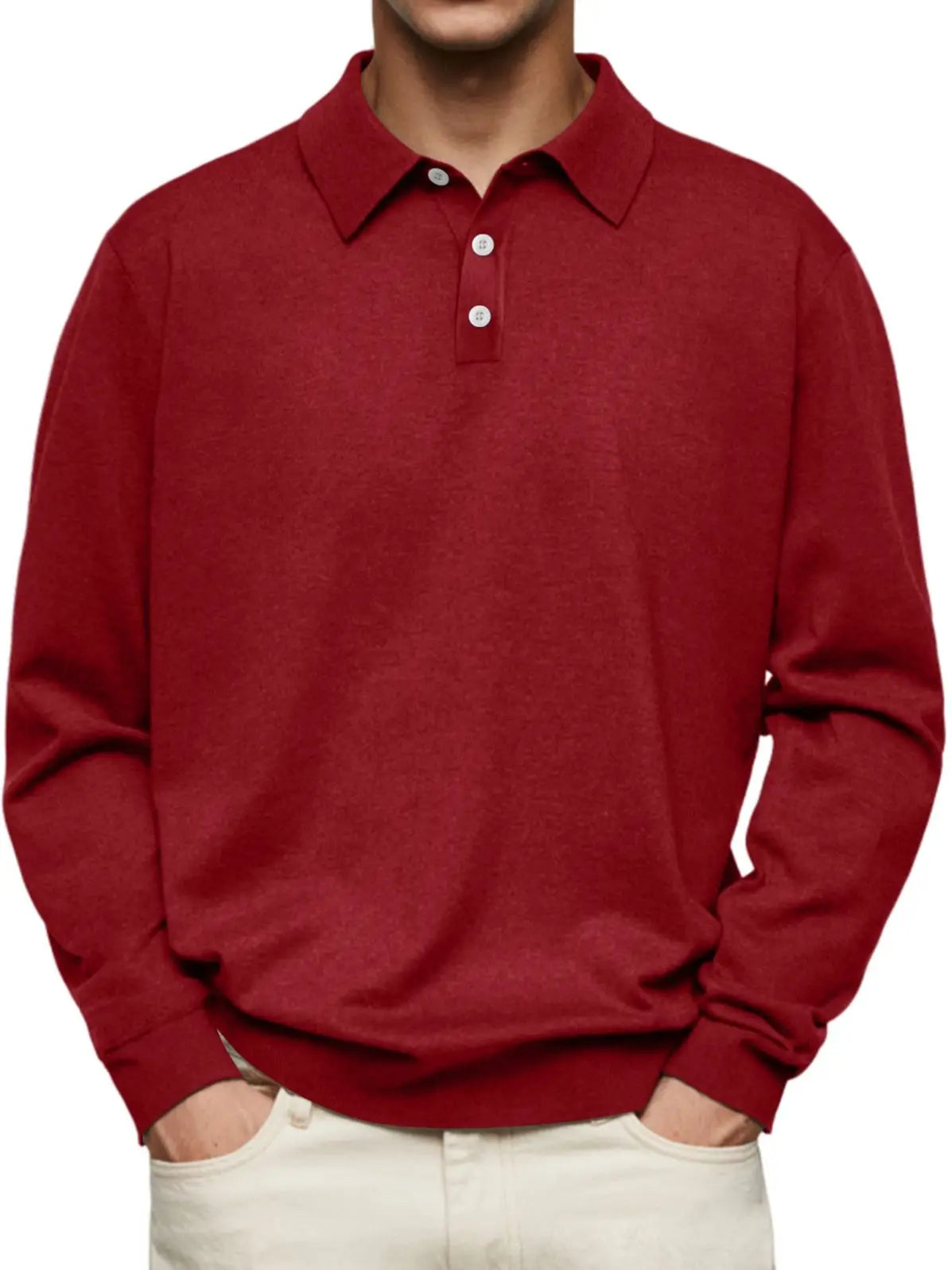 Men's Polo Collar Pullover Sweater Slim Fit Button Placket Long Sleeve Knit Top