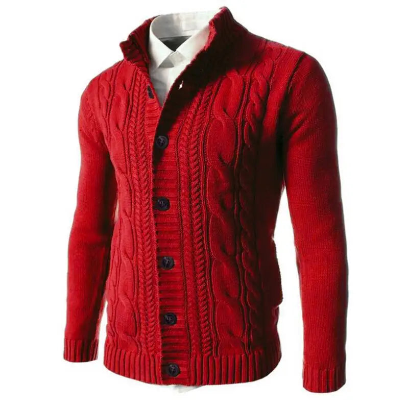 Men's Cable Knit Cardigan Mandarin Collar Button-Up Slim Fit Sweater Coat