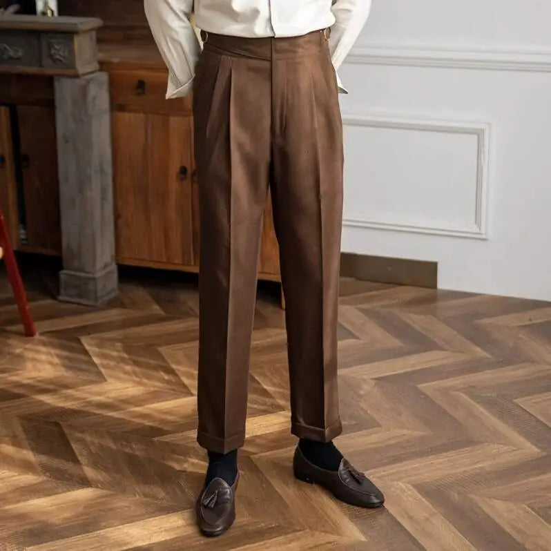 Men's High Waisted Pleated Straight Leg Dress Pants British Style Formal Trousers