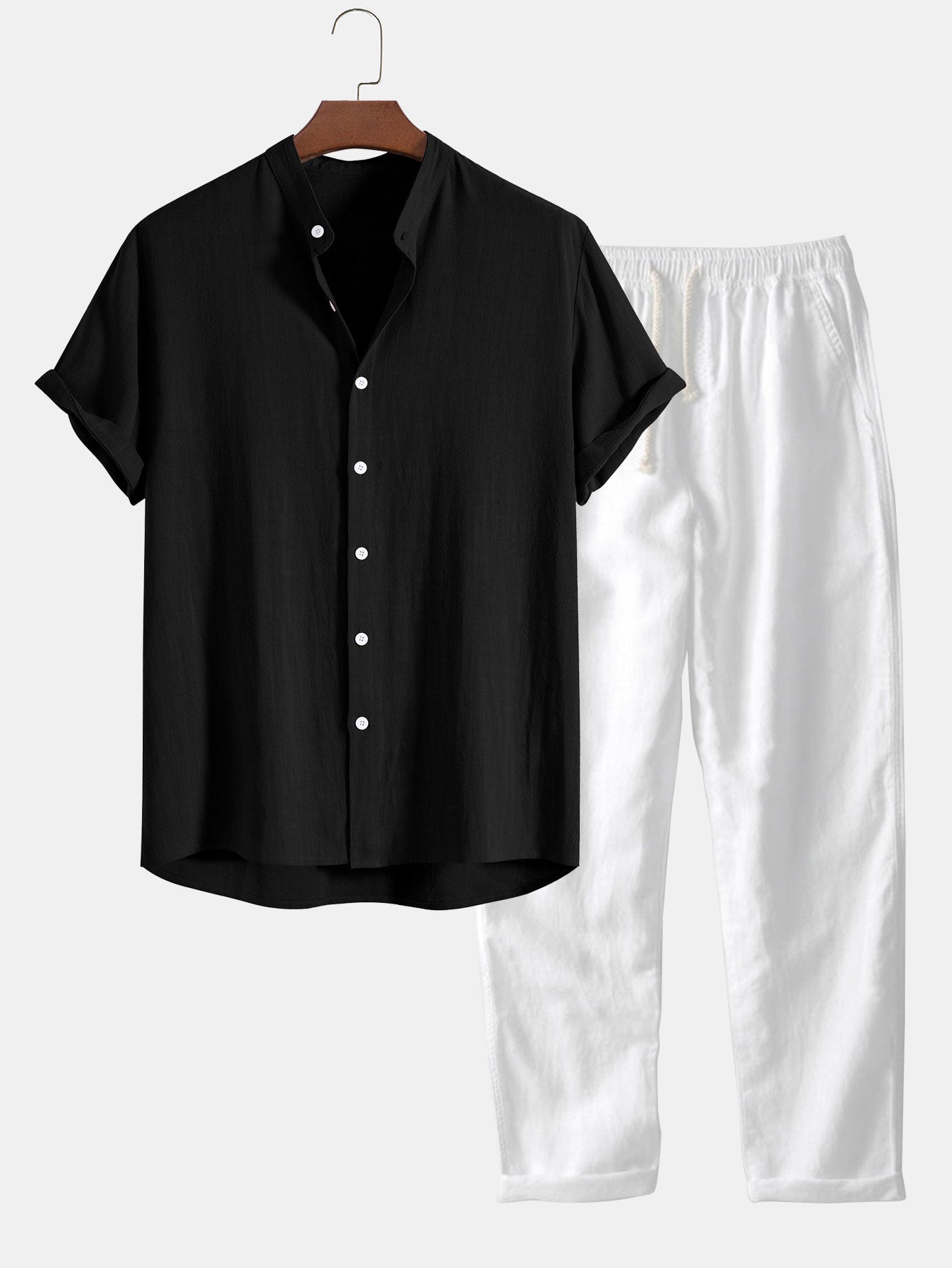 Men's Shirt Linen Trousers Set Drawstring Two Piece