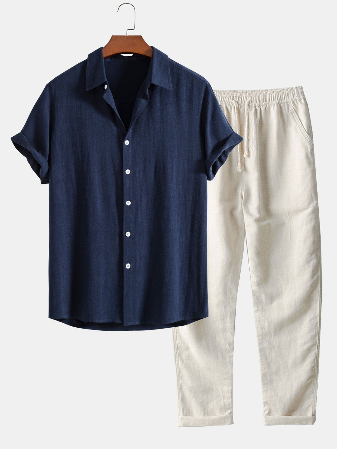 Men's Shirt Linen Trousers Set Drawstring Two Piece