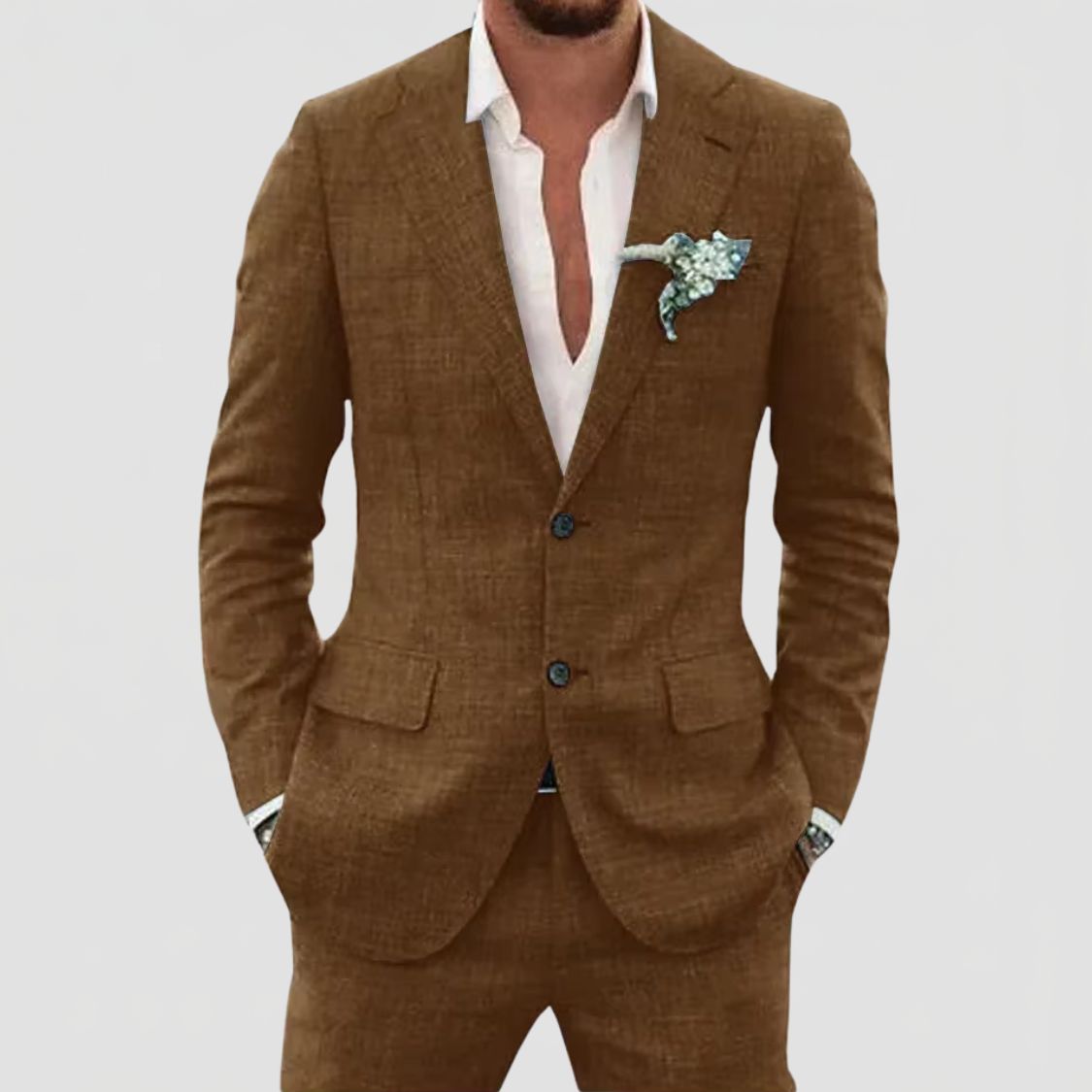 Two Button Suit Set Men Linen Blend Notch Lapel Patch Pocket Tailored Fit