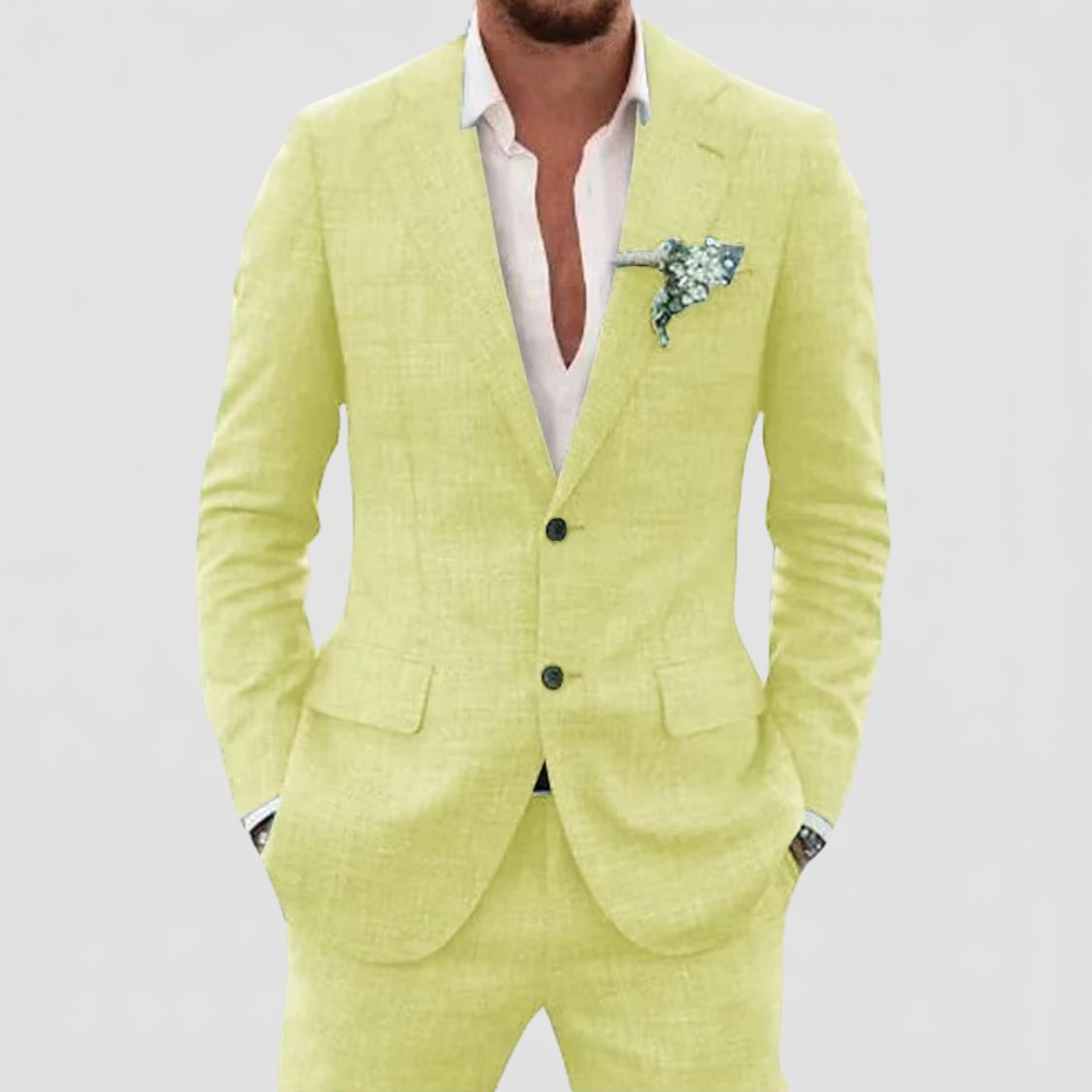 Two Button Suit Set Men Linen Blend Notch Lapel Patch Pocket Tailored Fit