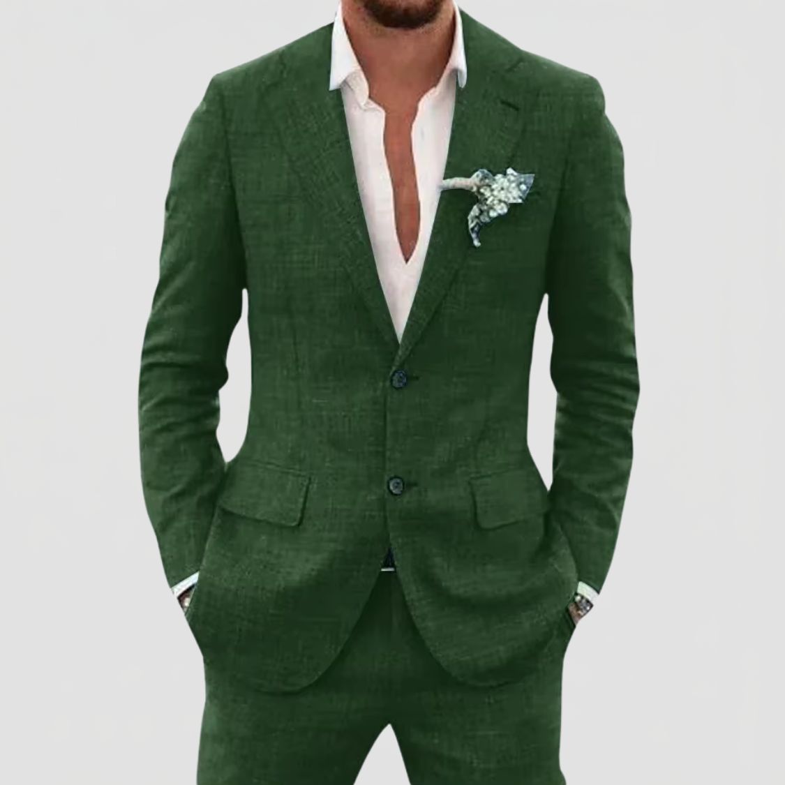 Two Button Suit Set Men Linen Blend Notch Lapel Patch Pocket Tailored Fit