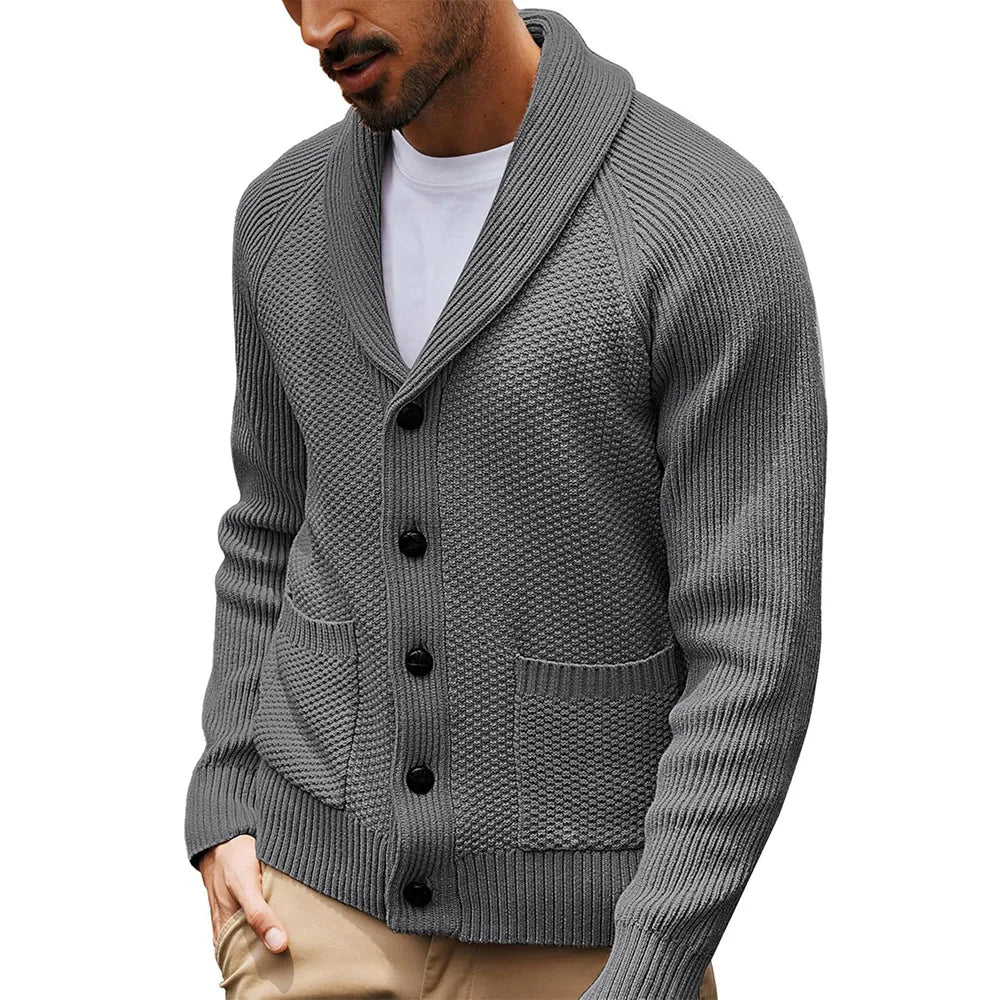 Men's Shawl Collar Open Front Cardigan Knit Sweater with Flap Pockets