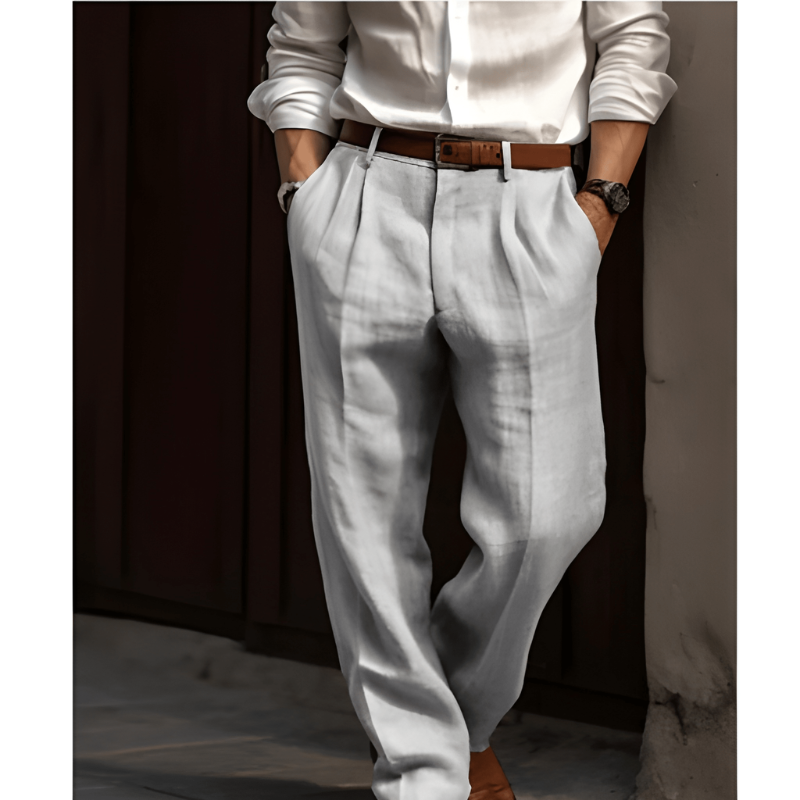Men's Straight Leg Trousers Linen Fabric Pleated Front