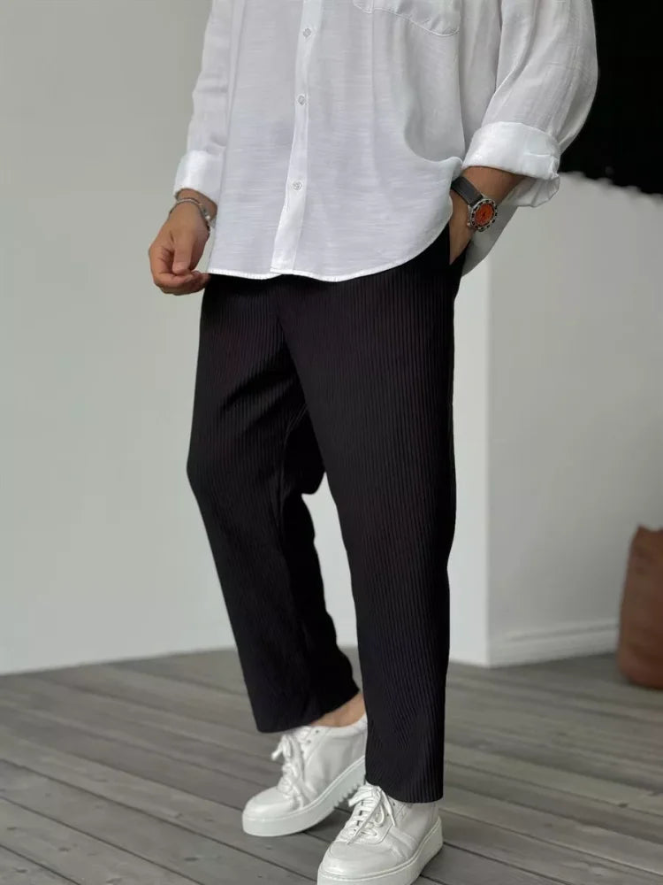 Men's Straight Leg Trousers Ribbed Fabric Elastic Waist
