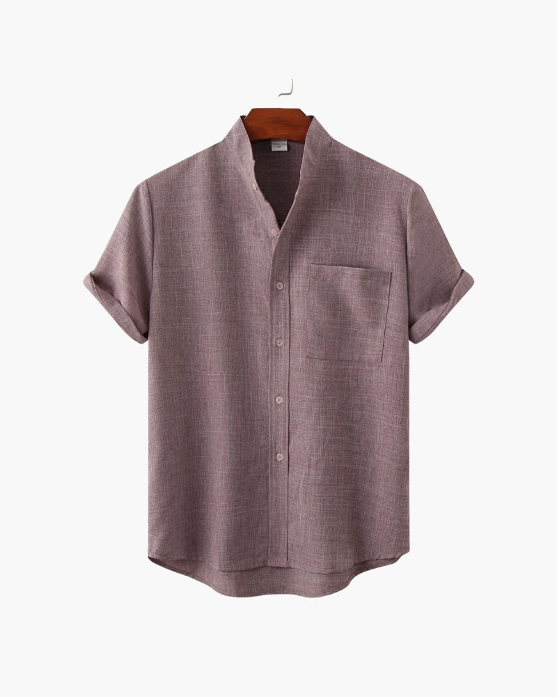 Shirt Cotton Blend Mandarin Collar Short Sleeve