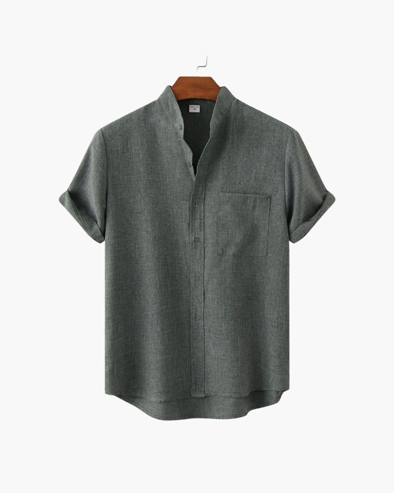 Shirt Cotton Blend Mandarin Collar Short Sleeve