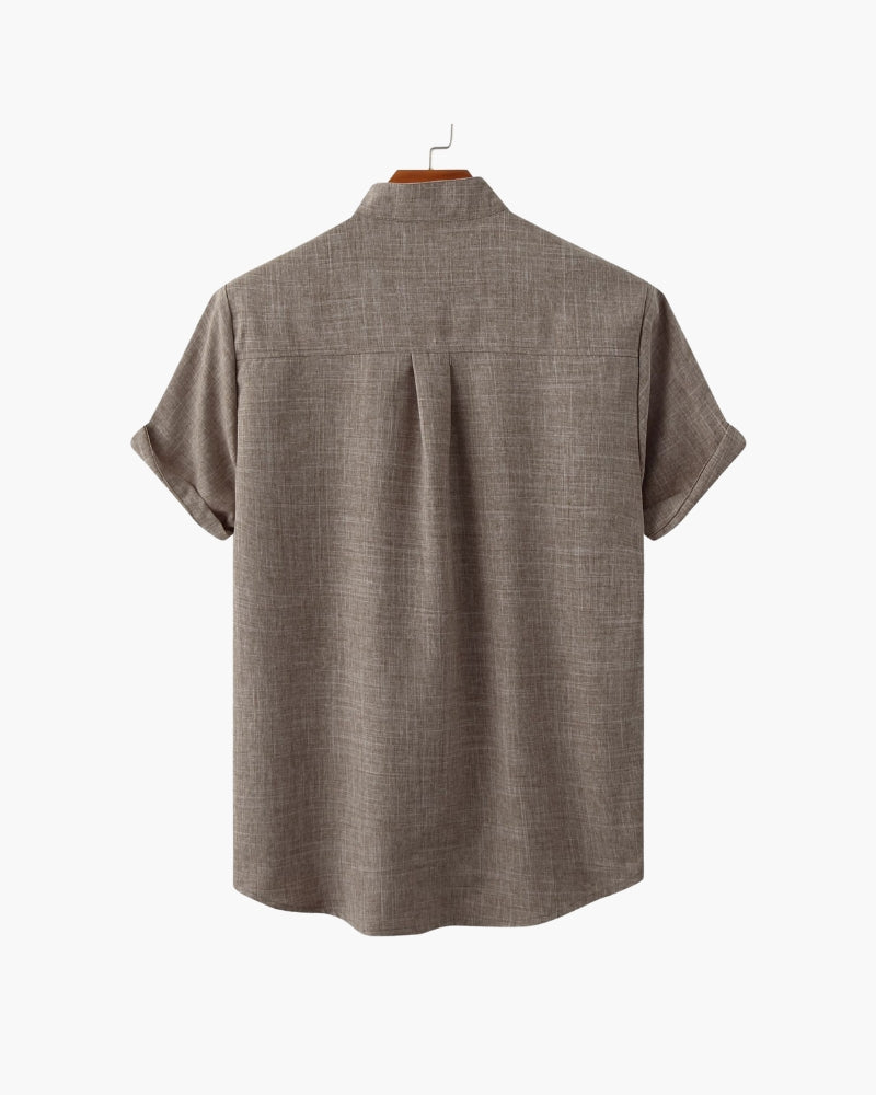 Shirt Cotton Blend Mandarin Collar Short Sleeve