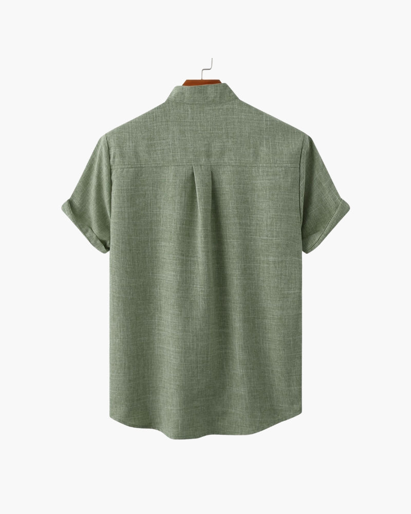 Shirt Cotton Blend Mandarin Collar Short Sleeve