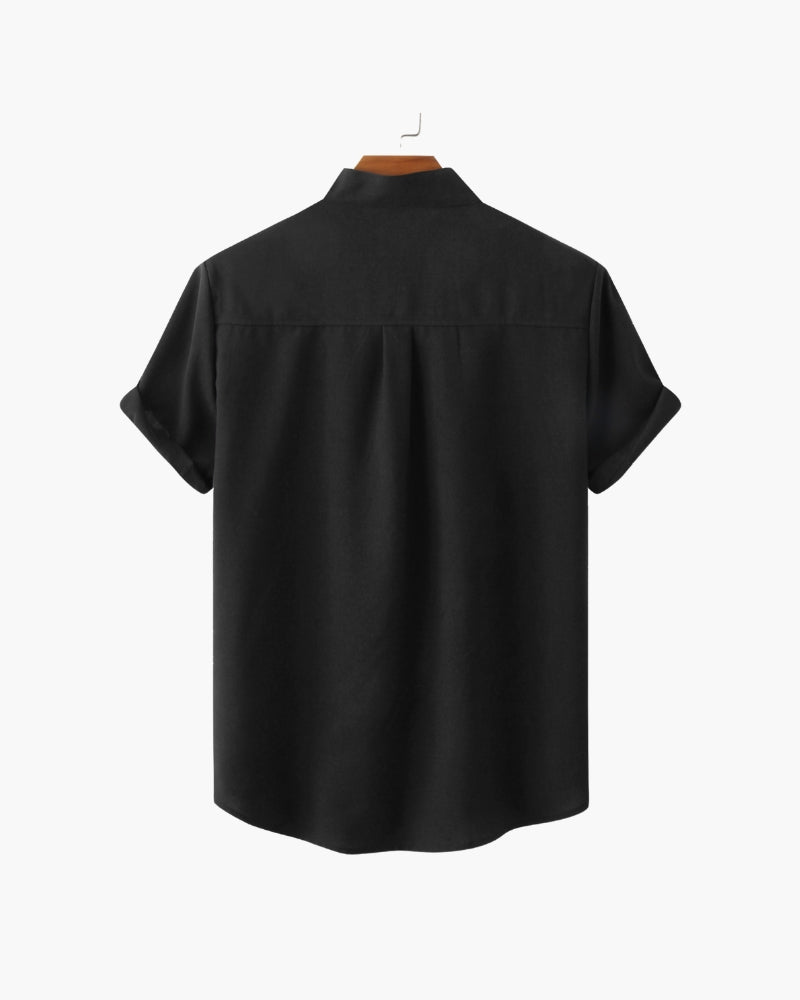 Shirt Cotton Blend Mandarin Collar Short Sleeve