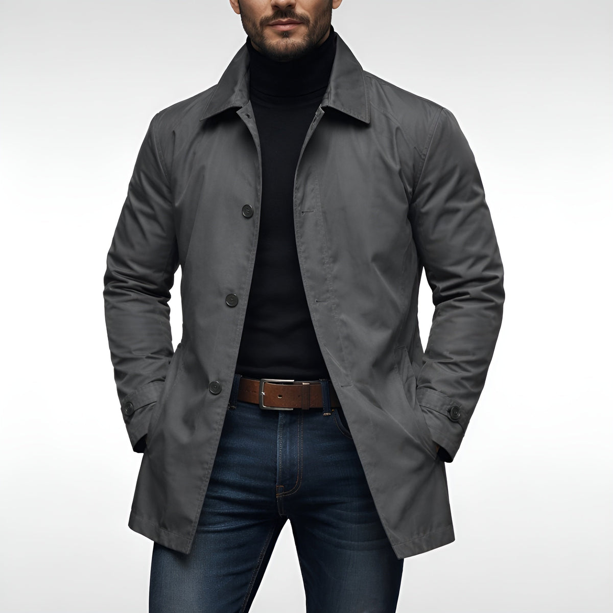 Men's Mid Length Overcoat Notch Lapel Tailored Coat with Pockets