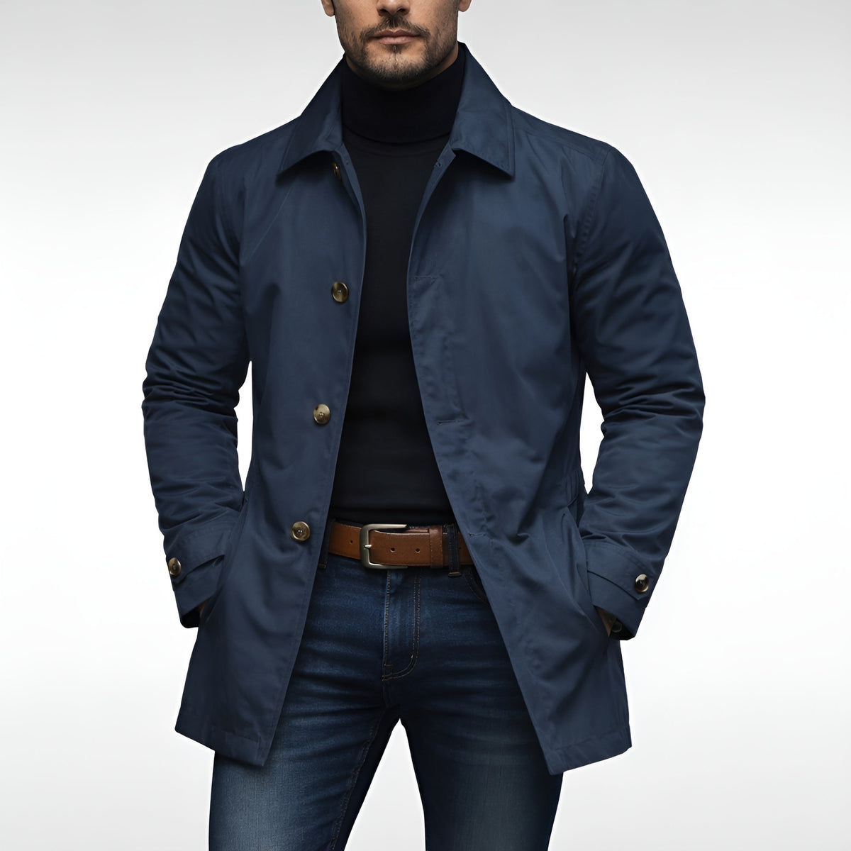 Men's Mid Length Overcoat Notch Lapel Tailored Coat with Pockets