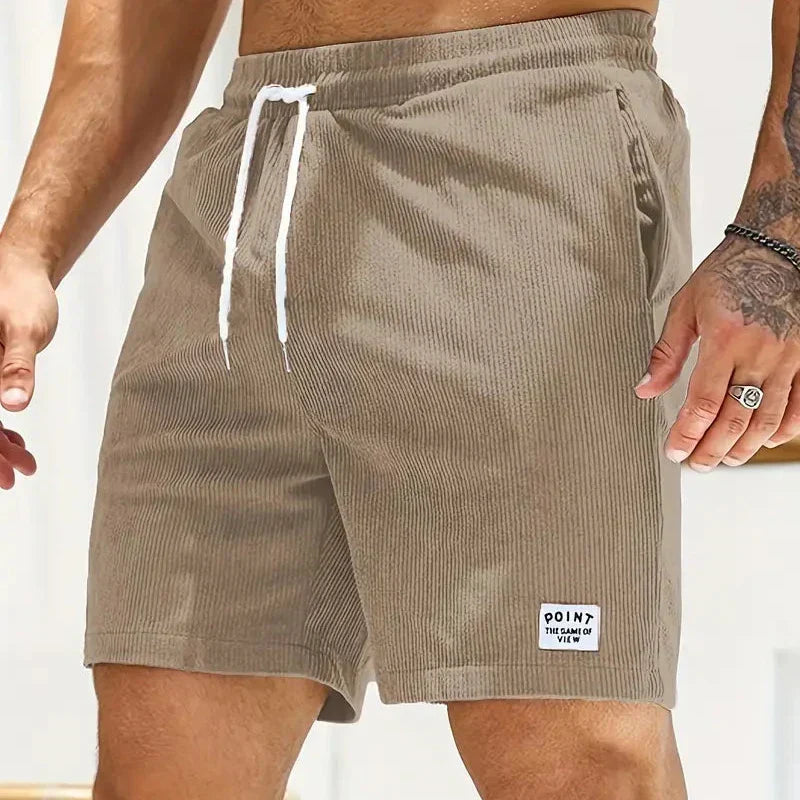 Shorts à cordon côtelés pour hommes en mélange de coton, coupe décontractée, mi-cuisse, poche avant, décontracté