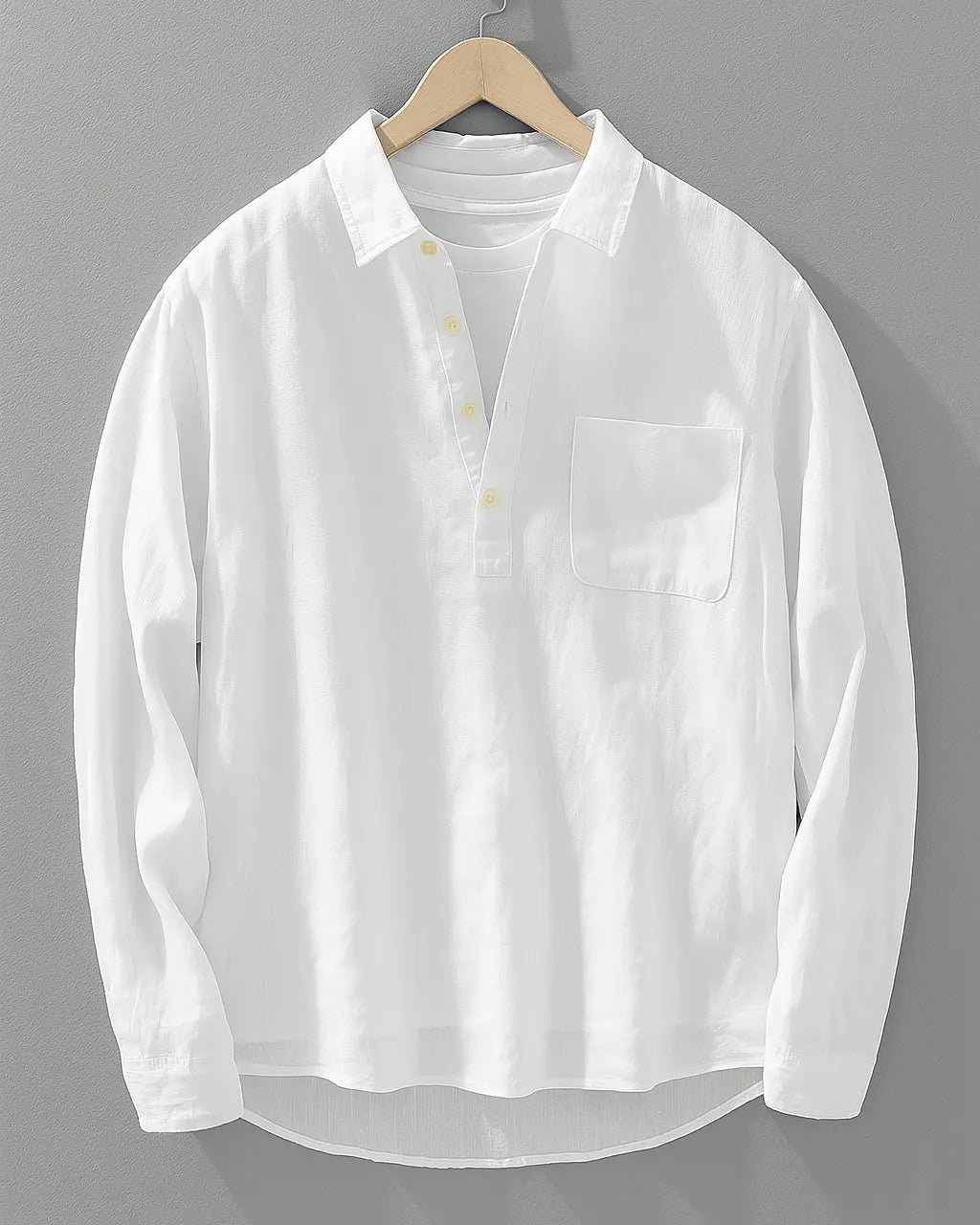 Popover Shirt Men Cotton Linen Blend Half Button Oversized Fit Curved Hem