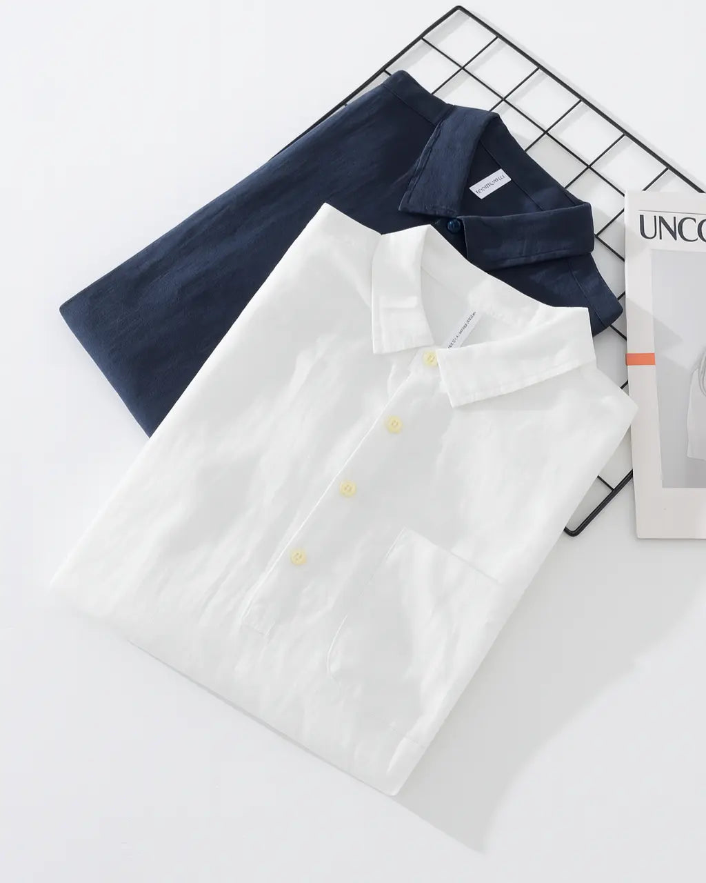 Chemise popover pour hommes en mélange de coton et lin, demi-bouton, coupe oversize, ourlet incurvé